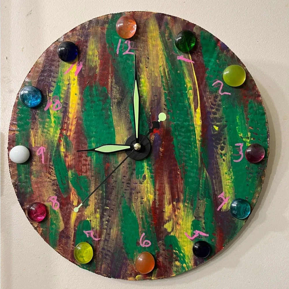 Hand Painted Hand Created Clock with Colorful Stones